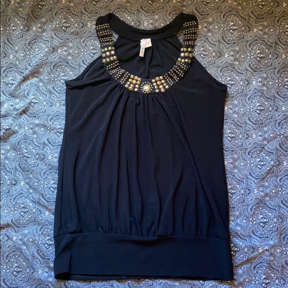 Kiwi Gold Beaded Black Blouson Sleeveless Top
